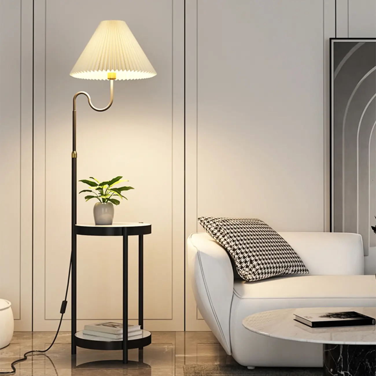 Modern Gold Linear Floor Lamp with Shelf & Pleated Shade