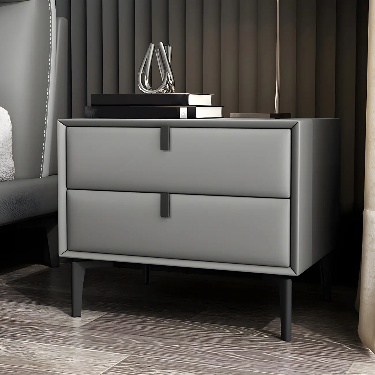 Modern Black Leather Bedside Table with Drawers
