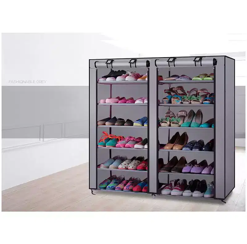 6-Row 2-Line 12 Lattices Non-woven Fabric Shoe Rack Gray