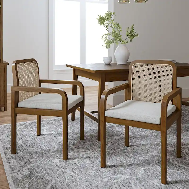 Modern Rattan Back Dining Chair with Removable Cushion - Rubber Wood Frame, Linen Upholstery