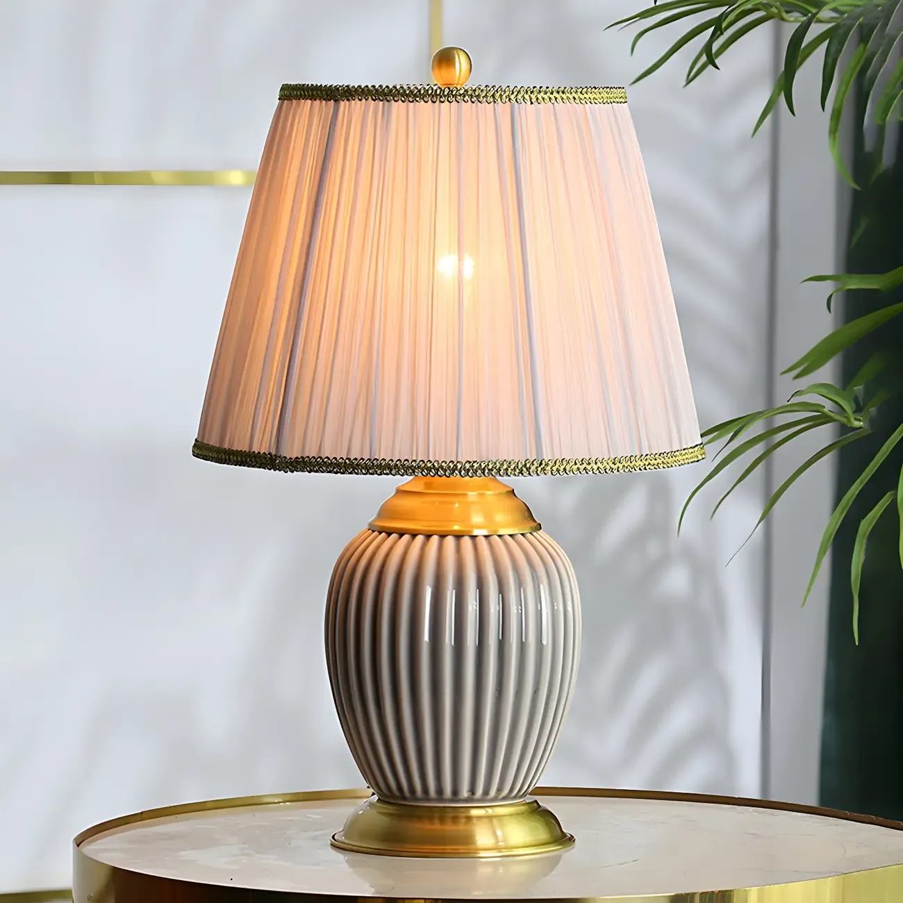Plug-In Elegant Ceramic LED Table Lamp with Fabric Shade