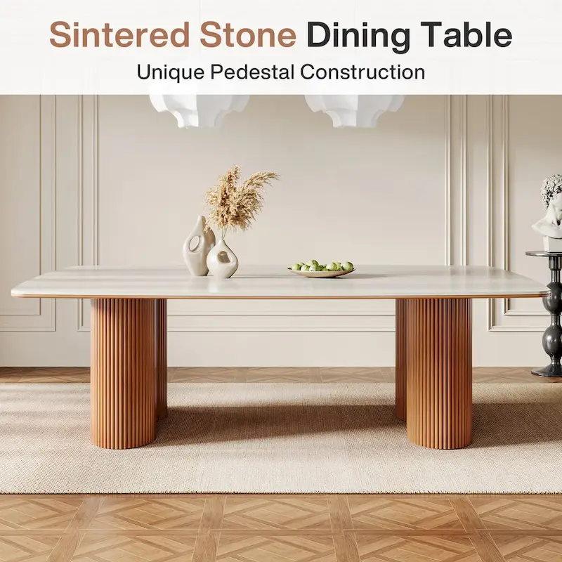 78.7 Rectangle Dining Table, Luxury Sintered Stone Kitchen Table with Solid Wood Legs