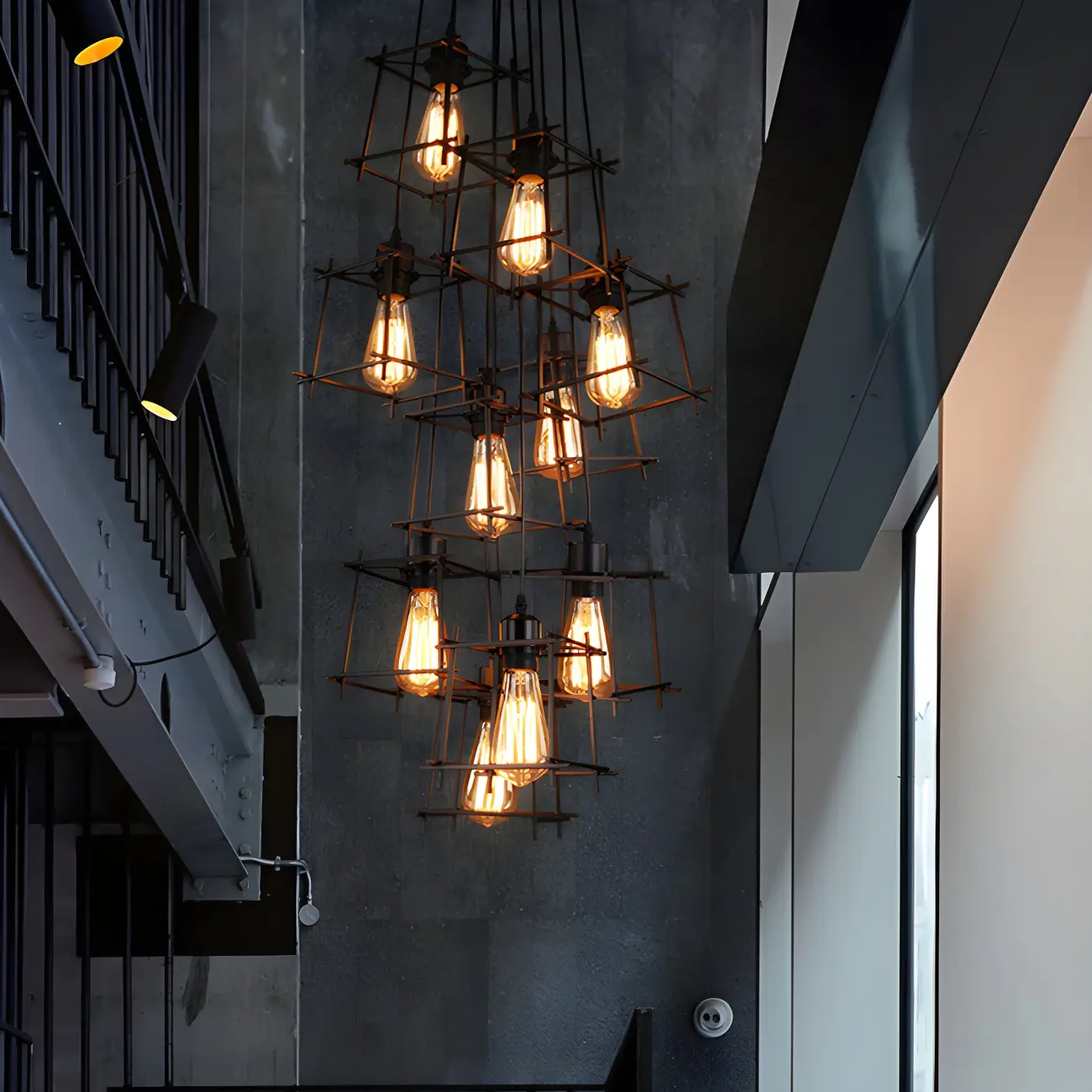Large 10-Light Black Caged Industrial Pendant Chandelier