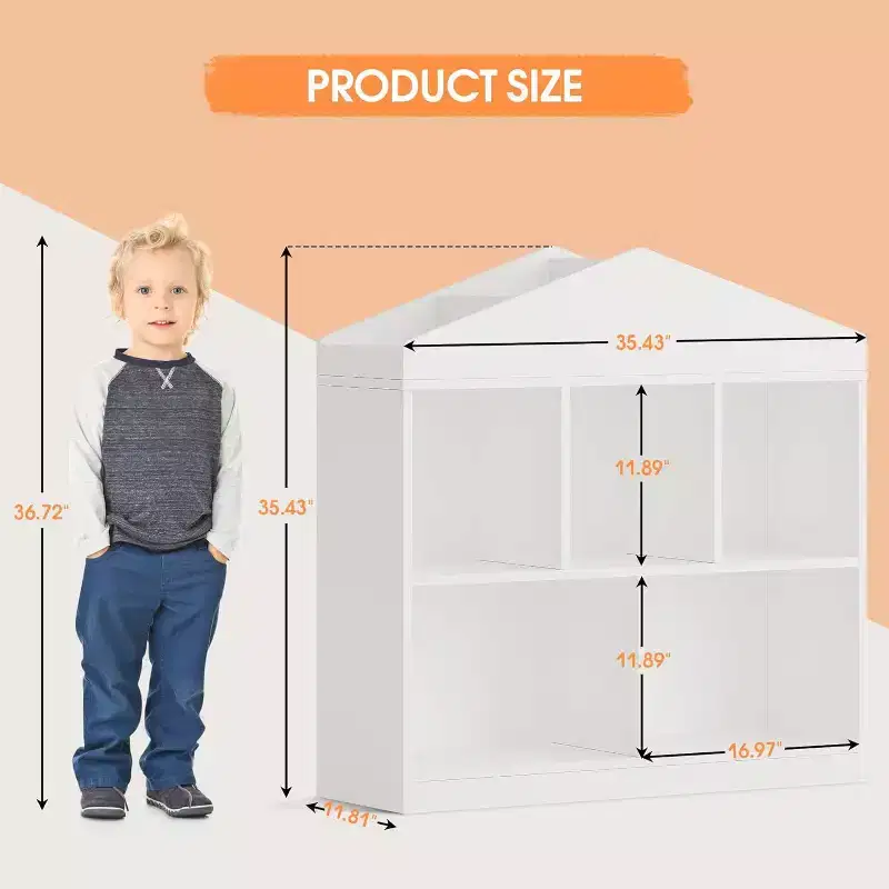 Acekool Kids Roof Bookshelf, 5-Cube Storage Organizer with Roof Shelf, Modern Bookcase for Playroom Bedroom Classroom, 35 x 35 x 12 Inch