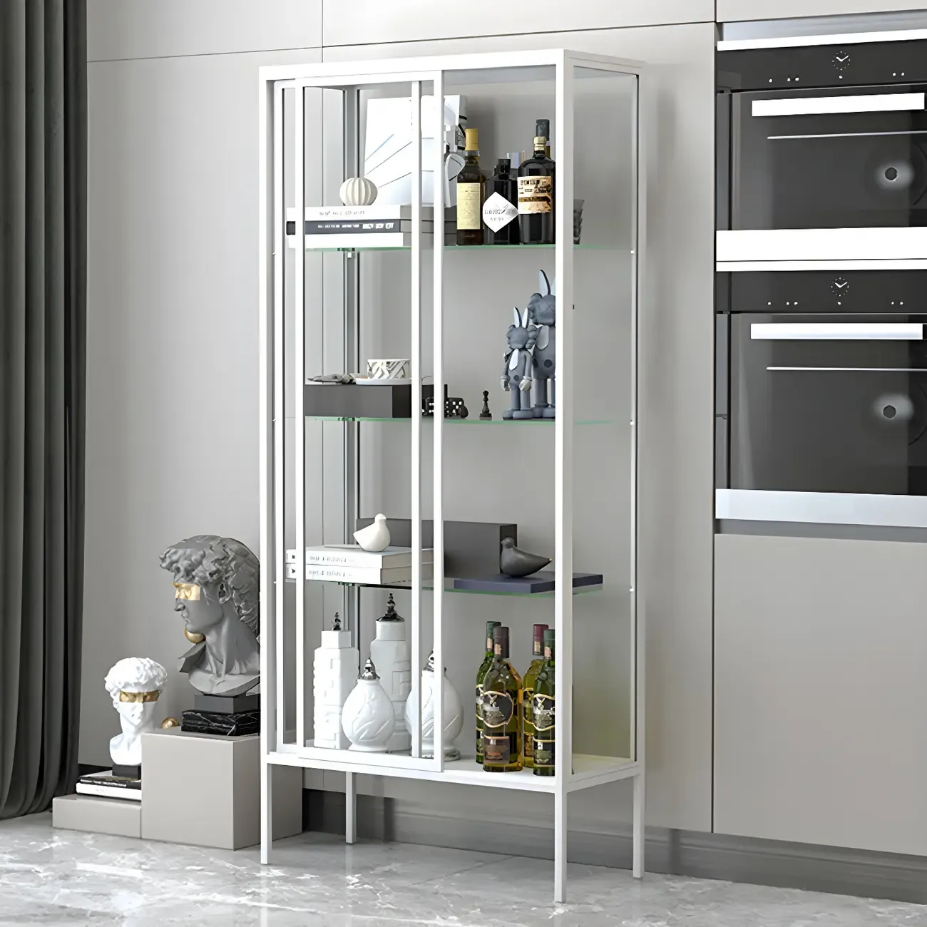 Black Metal Frame Glass Shelves Curio Cabinet