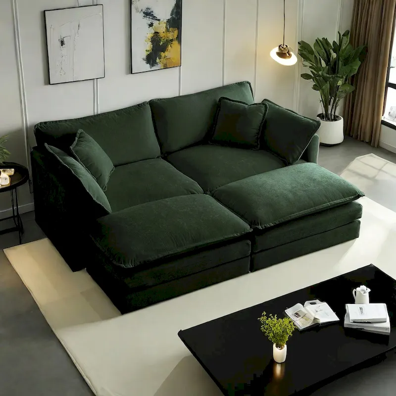 4-Piece Modular Chenille Upholstered Sleeper Sectional Sofa Bed with Ottoman