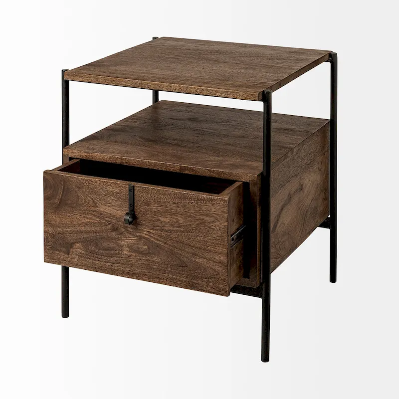 Glenn I Square Dark Brown Wood and Iron Black Frame Side Table