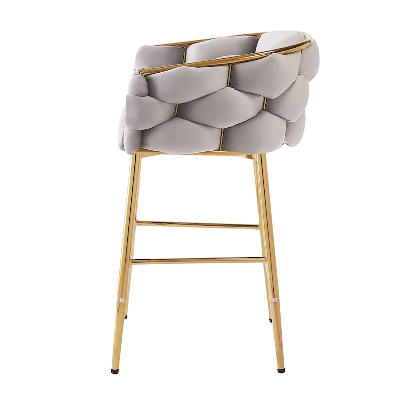 Set of 2 Bar Stools with Velvet Padded Seat and Metal Legs