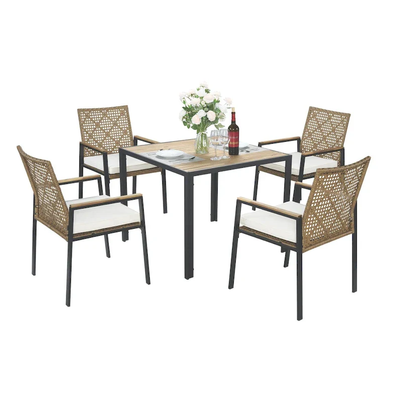 All Weather 5-Piece Patio Dining Table Sets, Patio Conversation Set Acacia Wood Table Top with Umbrella Hole, Rattan Outdoor