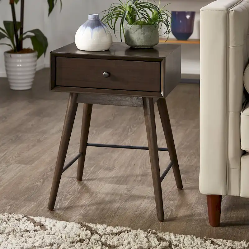 Mid-Century Modern Wood End Table with 1 Drawer, Compact Nightstand Side Table