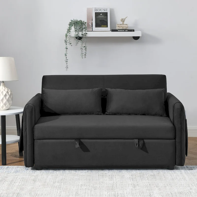 Modern Convertible Velvet Loveseat Sofa Sleeper Sofa Bed with 2 Pillows