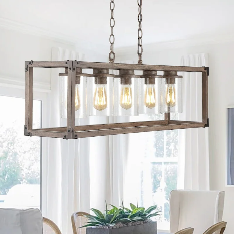 Darlene 36  5-Light Linear Adjustable Iron/Seeded Glass Rustic Farmhouse LED Pendant, Brown by JONATHAN Y