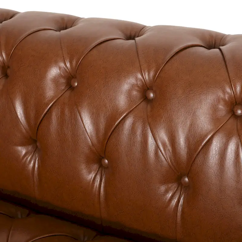 Faux Leather Button Tufted 3-seater Sofa with Wood Legs