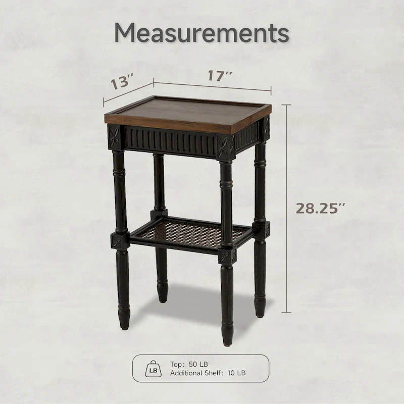 French Country Side Table, White/Black, Tray Top & Wicker Shelf, Distressed
