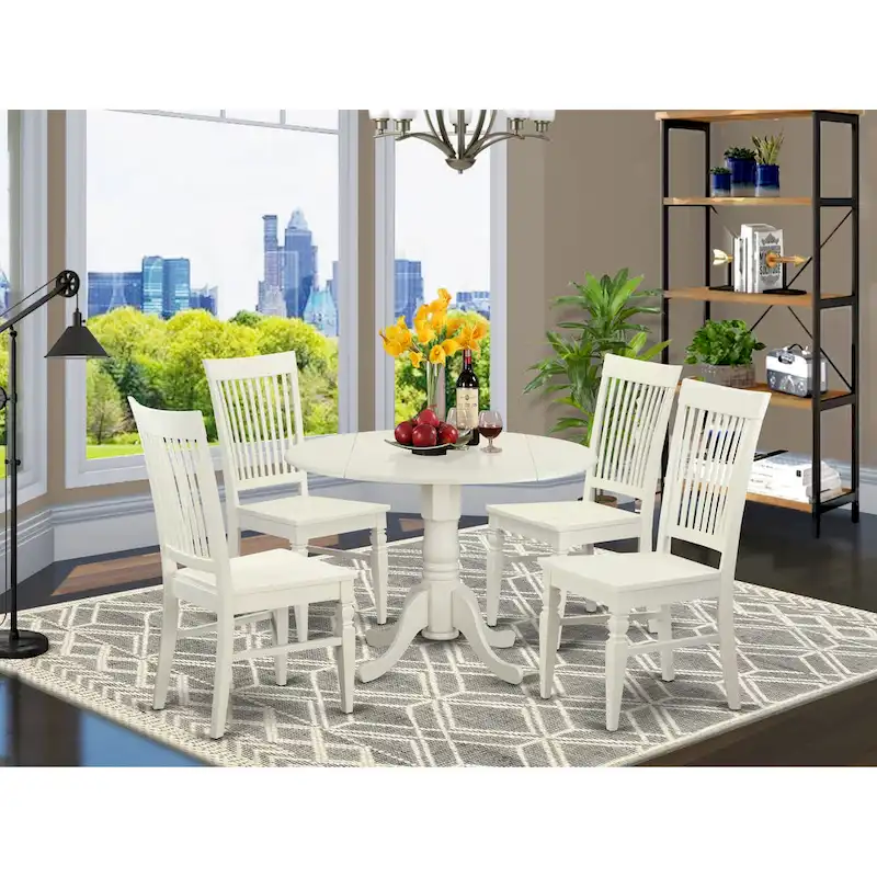 East West Furniture 5 Piece Dinette Set- a Round Dining Table with Dropleaf and 4 Dining Room Chairs, (Finish Options)