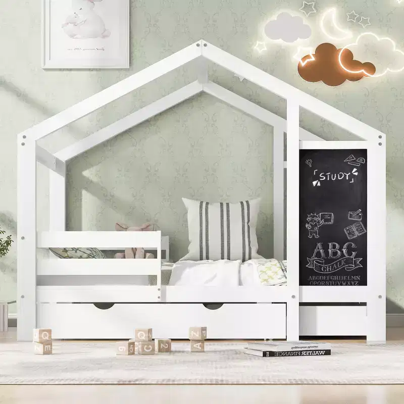 Full Size House Bed with Blackboard and Drawers, Two Assembly Options,Bed Frame with Guardrail,No Box Spring Needed,Space-Saving Design