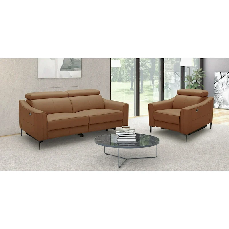 Modern Camel Leather Sofa With 2 Recliners