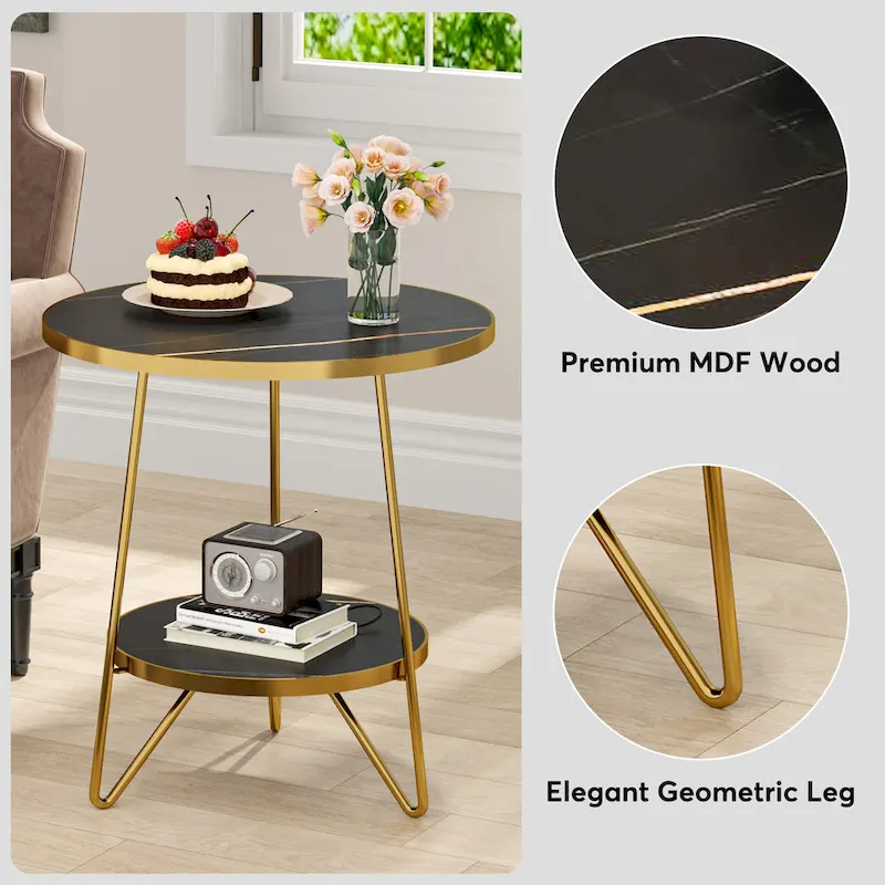 Marble Gold End Table Side Table with Shelves