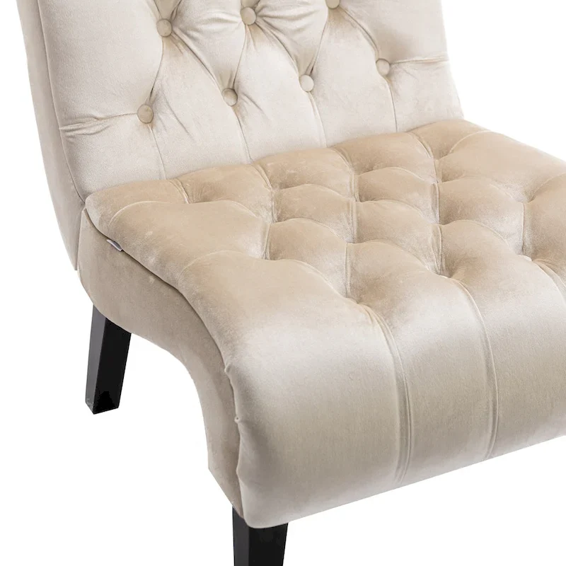 Beige Velvet Accent Chair with Button Tufting and Wooden Legs