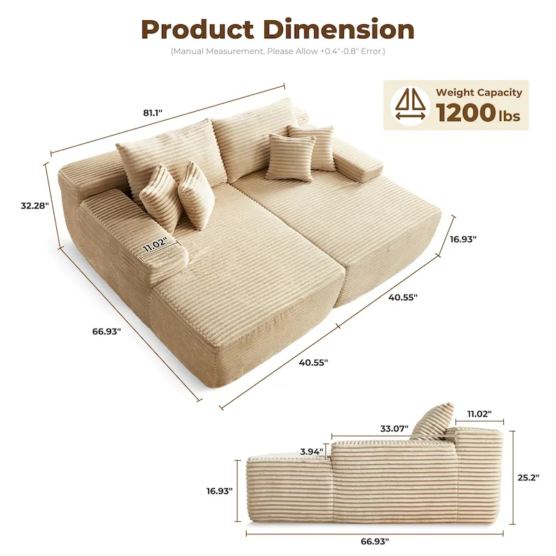 OVIOS Long Plush No Assembly Required Double Chaise Sofa