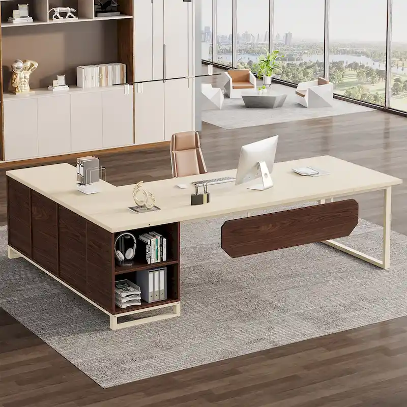 L-Shaped Computer Desk with File Cabinet | White/Black/Grey/Beige | 2-Person