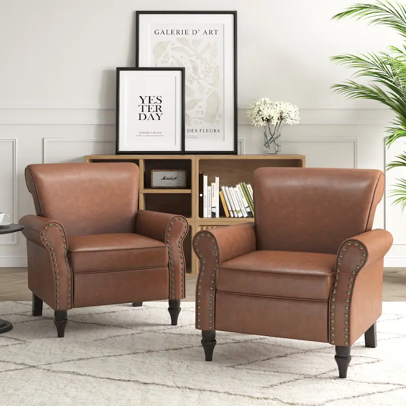 PU Leather Accent Chair, Brown/Black/Grey, Rolled Arms, Nailhead Trim, Set of 2, Seats 2