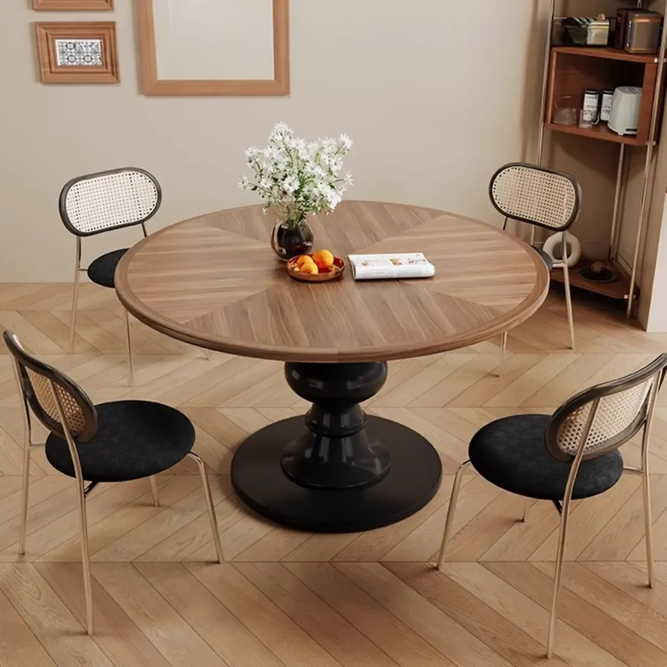Art Deco Circular Dining Table with Brown Natural Wood Fixed Tabletop