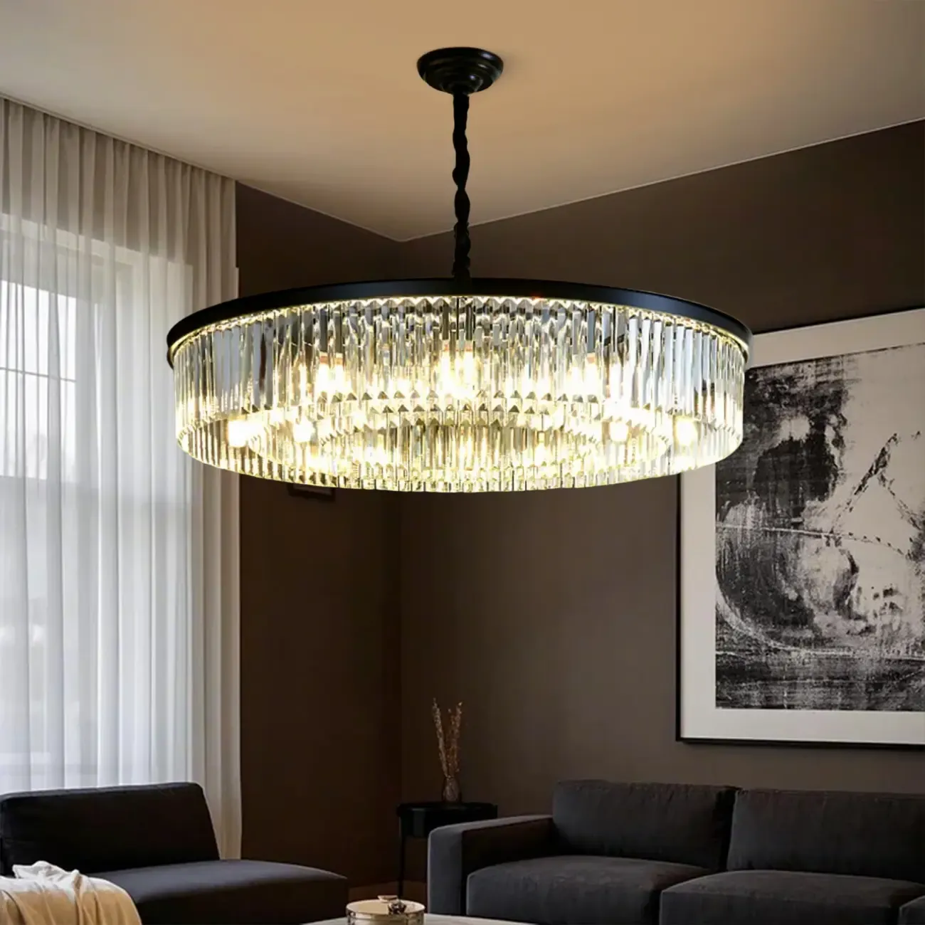 Adjustable Black Round Modern Crystal Chandelier