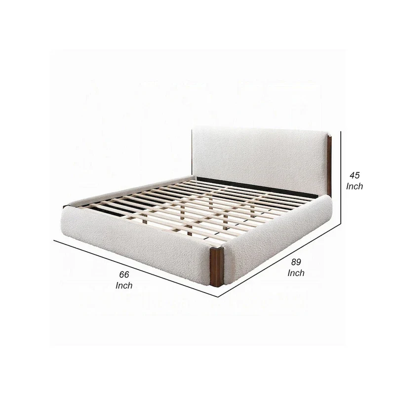 Fedro Queen Bed, Low Profile, White Boucle Upholstery, Walnut Brown
