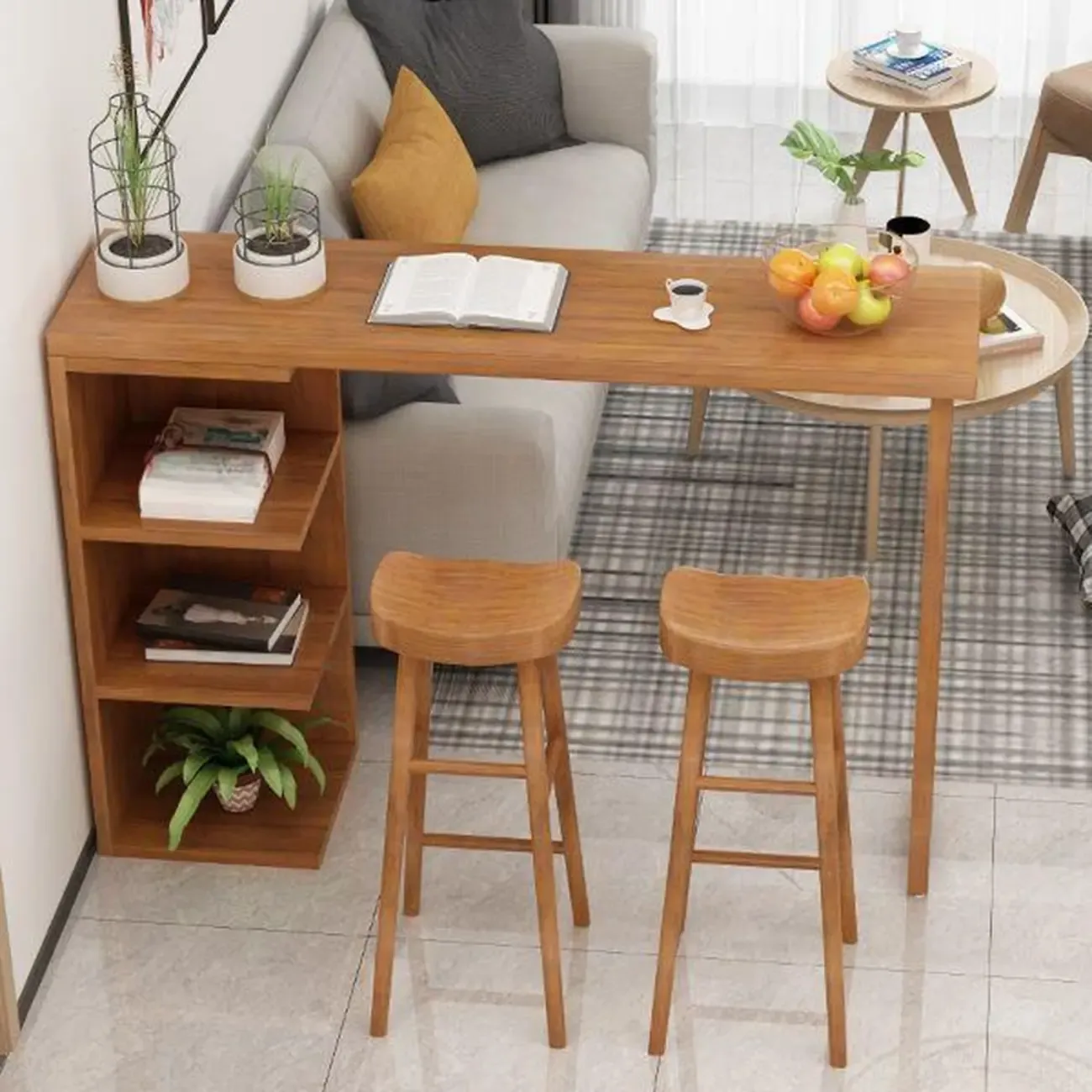 Modern Wooden Bar Height Table with Side Cabinet