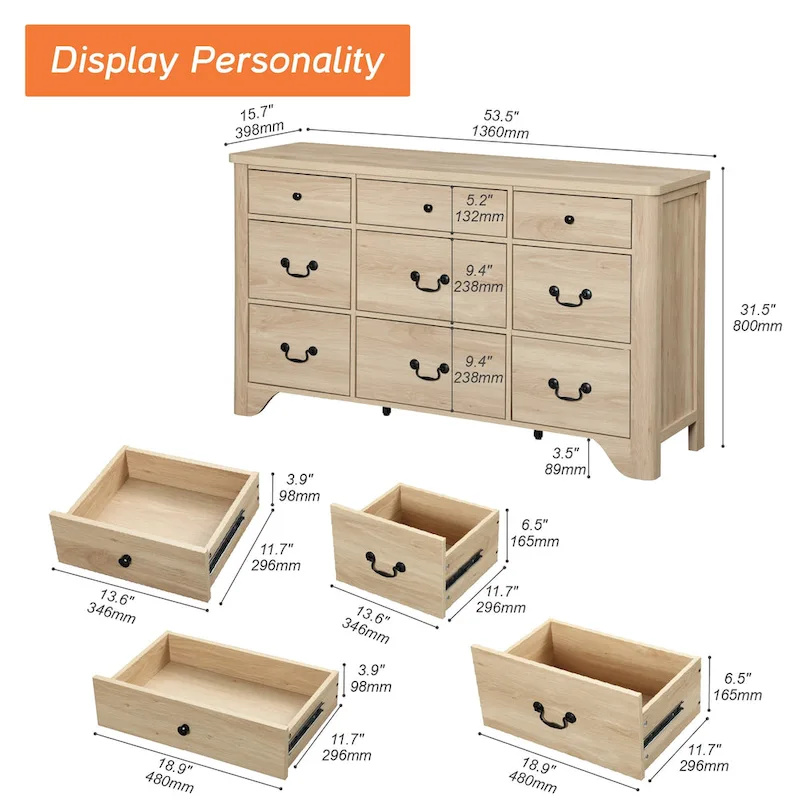 WAMPAT 53.5 Wide Farmhouse White Dresser TV Stand with Curved Edge Design and Wide Chests of Drawers
