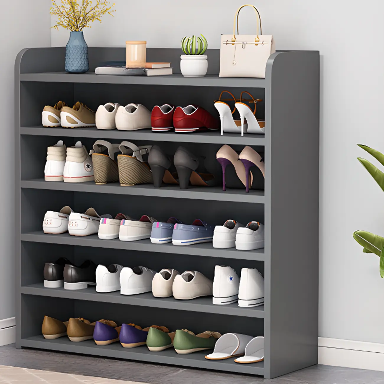 Vertical White Wooden Hallway 6-Tier Open Shoe Rack