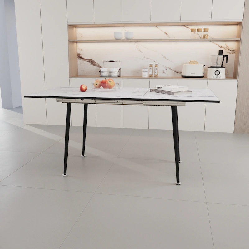 Modern Minimalist Dining Table with Extendable Marble Patterned Matte Legs for Kitchen Living Room or Gatherings