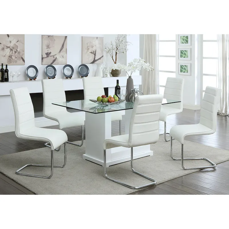 Benton Contemporary White Glass Top 7-Piece Dining Table Set by Furniture of America