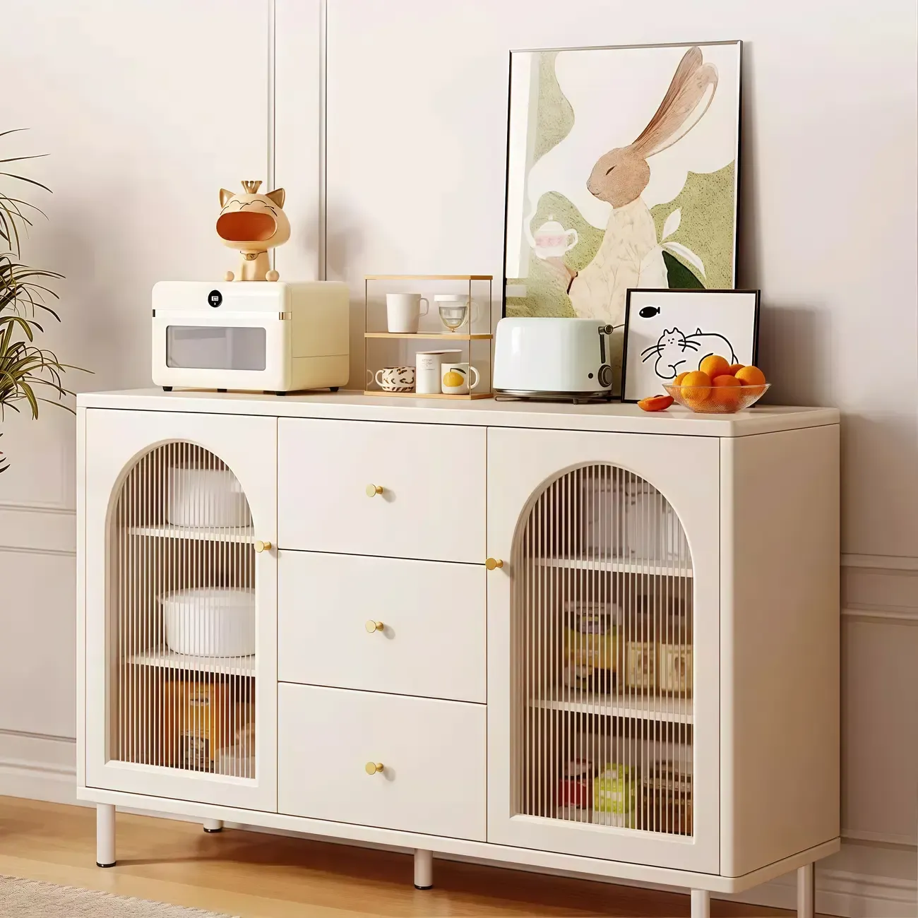 Scandinavian Cream Wood 2-Door Sideboard with Drawers