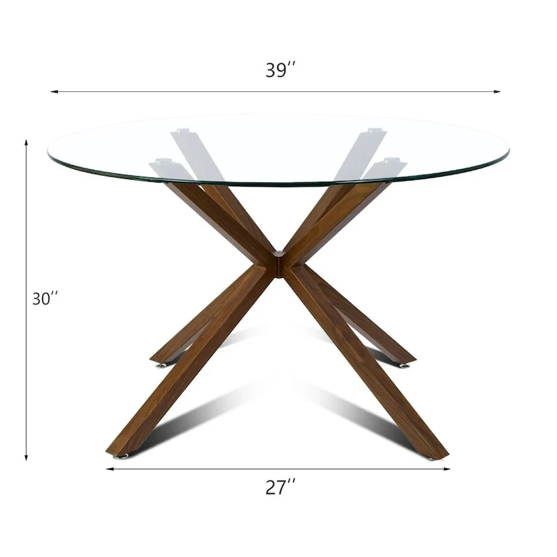 Round 39 Glass Dining Table Walnut Table Leg - 39x30x27