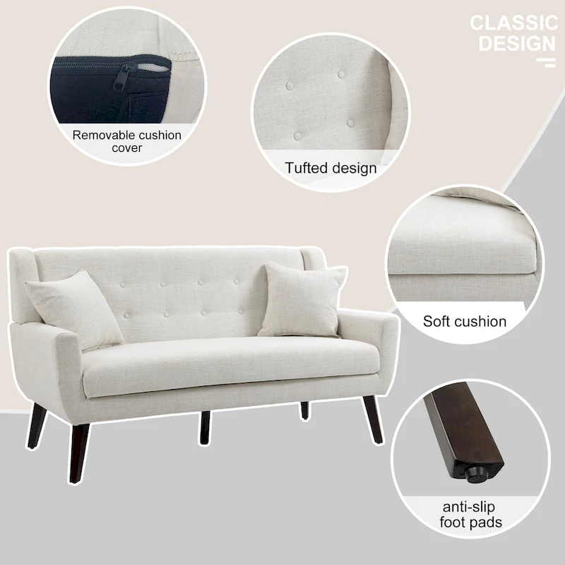 Modern Curved 63  Button Tufted Upholstered Loveseat with 2 Pillows