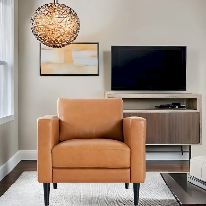 Genuine Leather Accent Chair, Black/Tan, Mid-Century Modern, High-Density Cushion, Seats 1