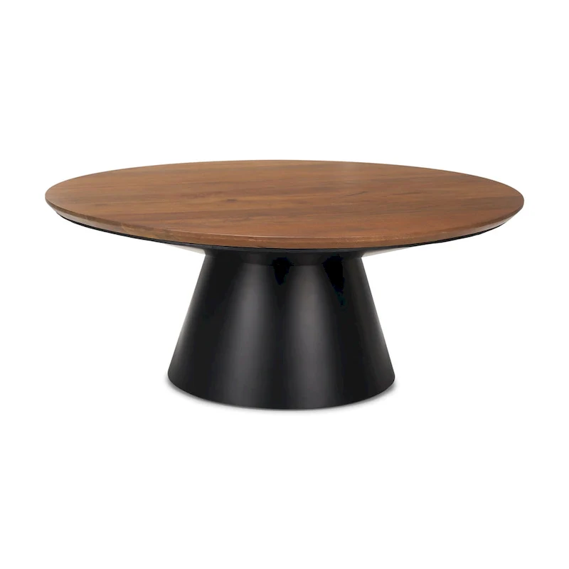 Round Coffee Table - Solid Mango Wood Top, Black Cast Iron Pedestal Base, 45 Diameter x 16H