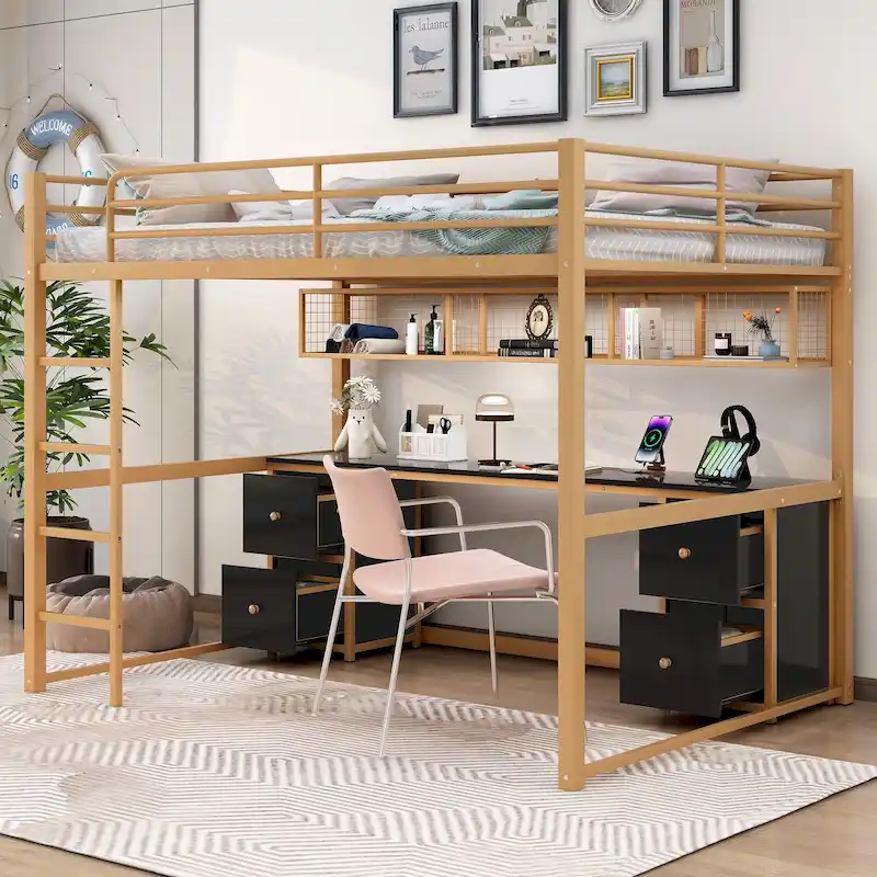 Gold+Black Full Size Metal Loft Bed with Desk, Drawers, Charging Station, and USB