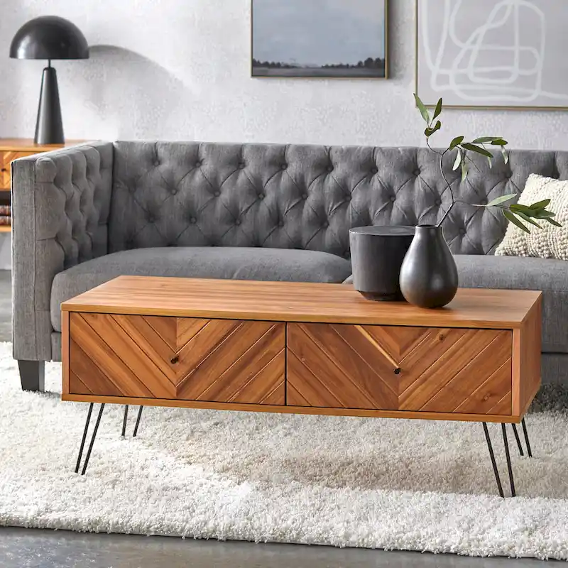 Coffee Table with 2 Drawers, Oak, Chevron Pattern, Mid-Century Modern, Acacia Veneer
