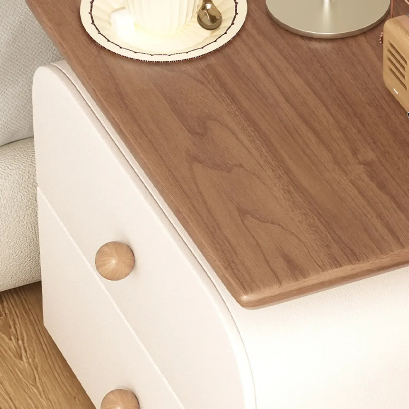 Faux Leather Modern Curved Nightstand Wood Top