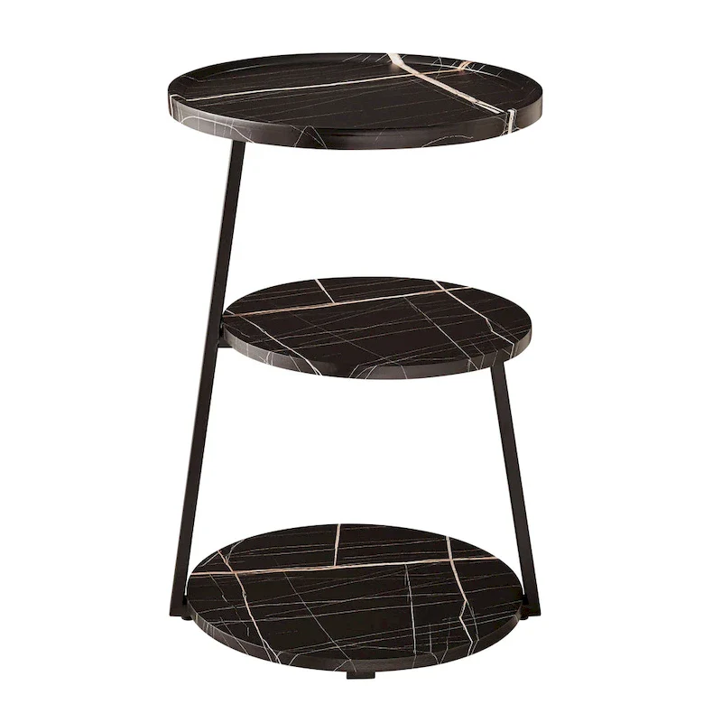 Skylar Round 3-Tier Side Accent Table with Raised Lip Edge Tabletop and Midcentury Modern Metal Asymmetric Pedestal Legs