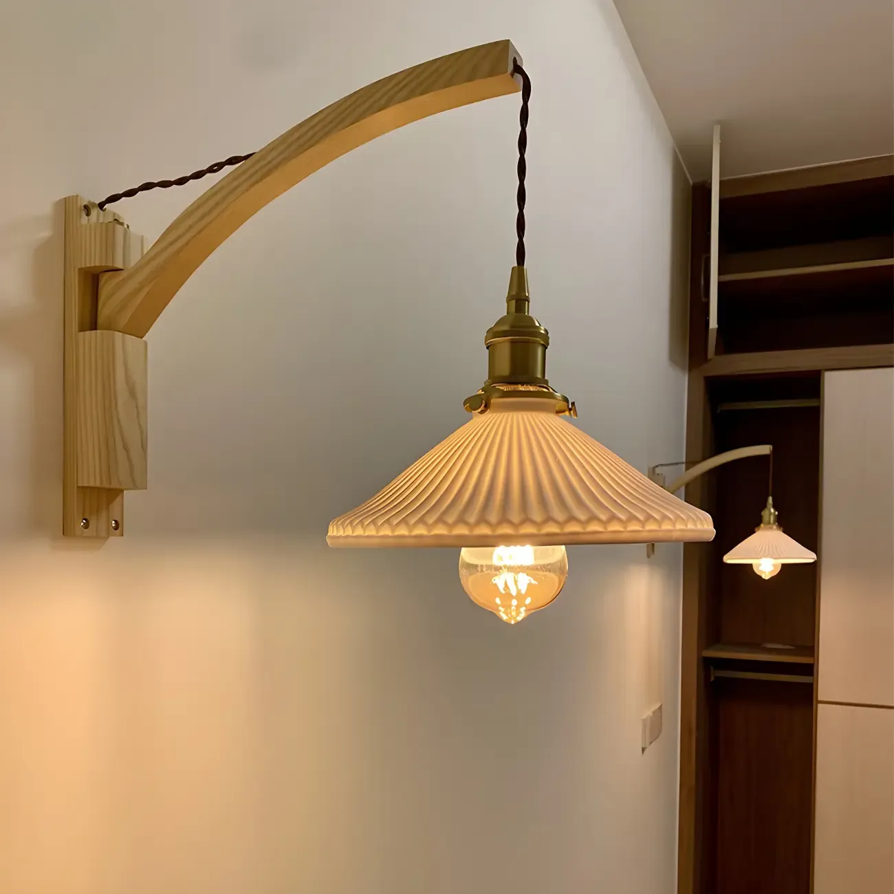 Rustic Wood Brass White Adjustable Swing Arm Wall Light