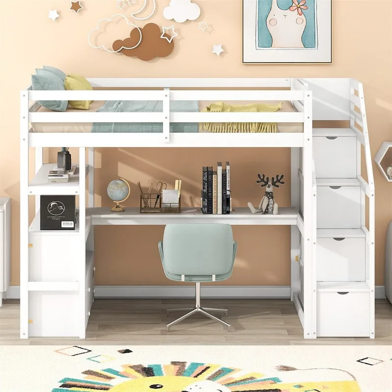 Twin/Full Loft Bed with Desk, Shelves and Storage Drawers