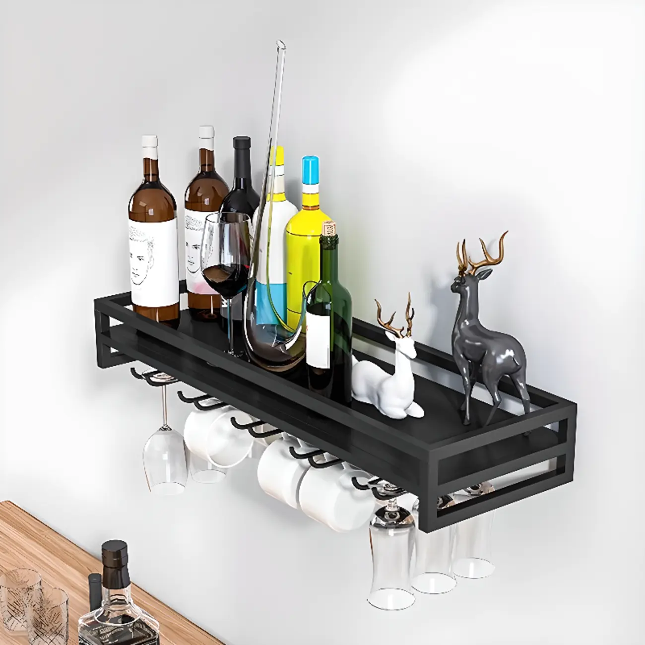 Simple Rectangle Black Wall Mounted Metal Wine Rack