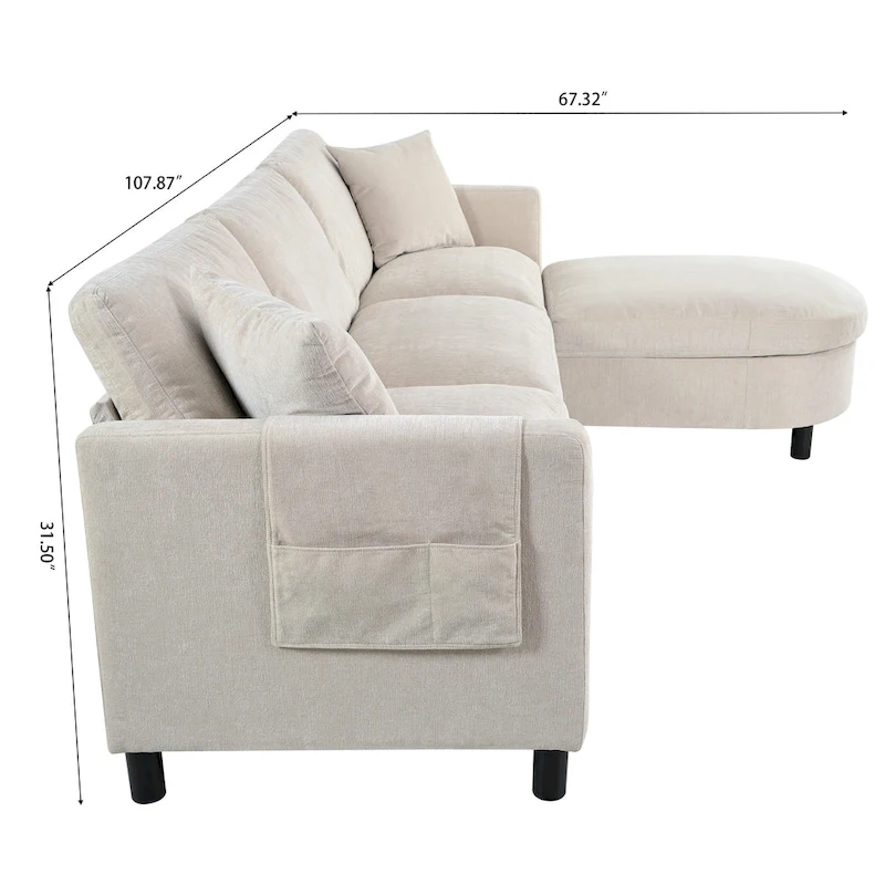 Beige 107.87  Spacious 4-Seater Sofa with Movable Ottoman