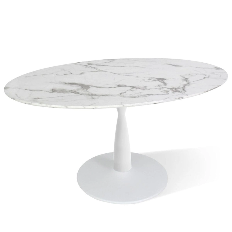 Oval White Faux Marble Topped Pedestal Dining Table