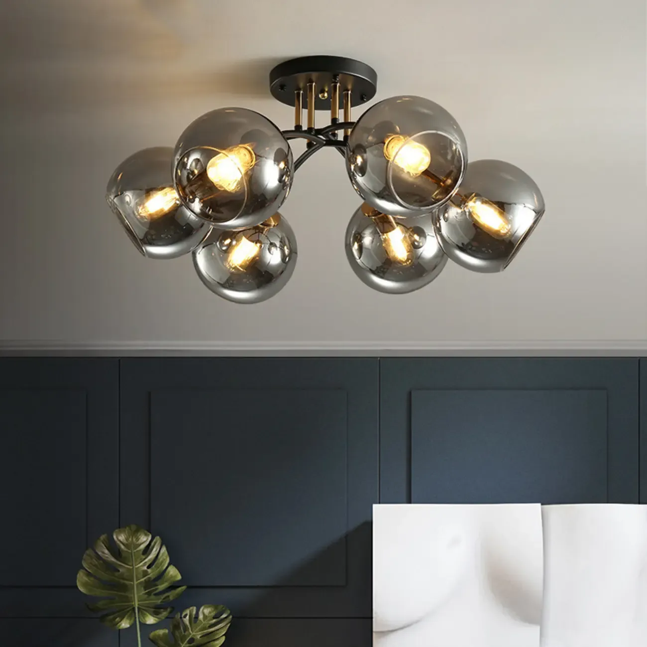 Modern Smoke Grey Glass Sphere Semi Flush Ceiling Light