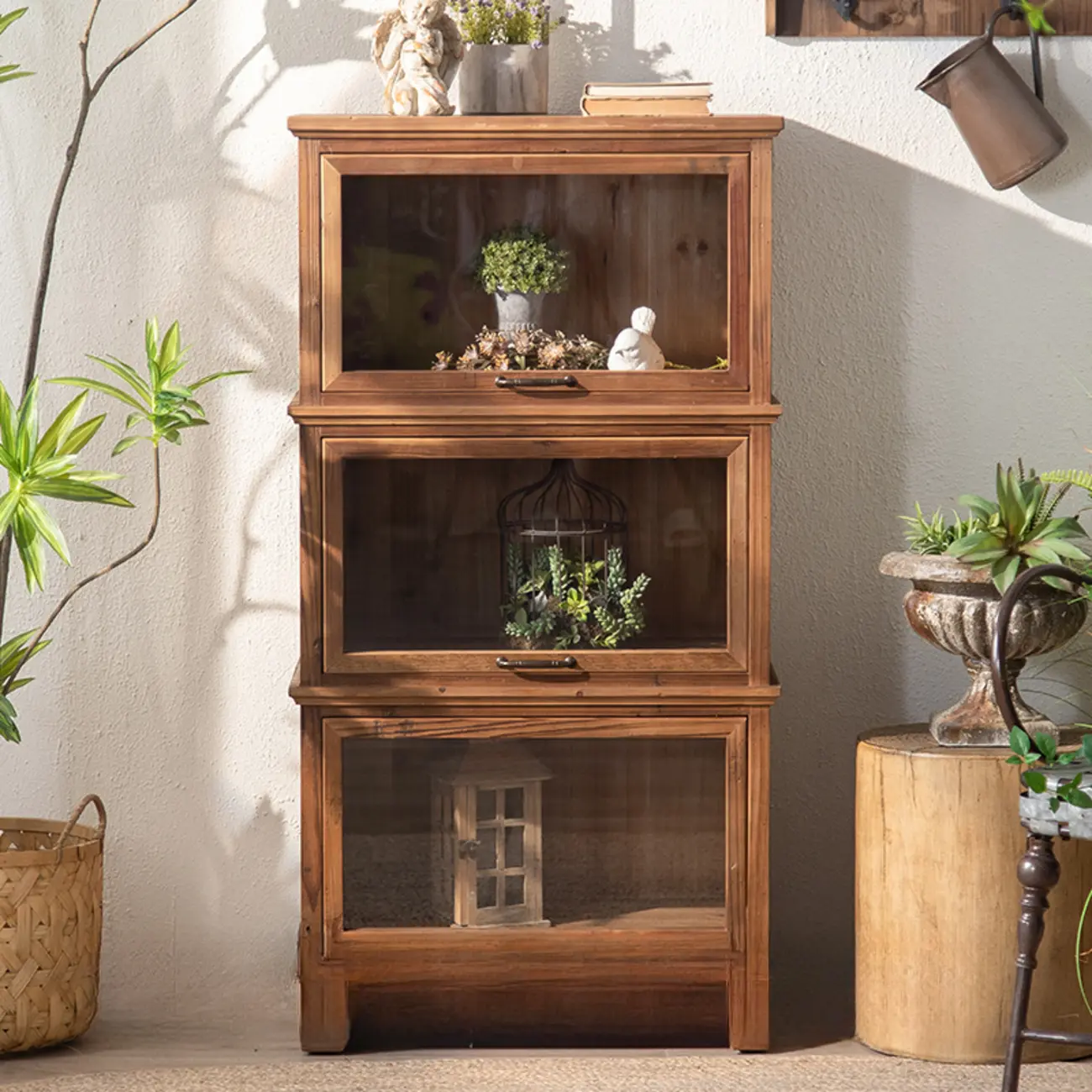 Traditional Multi-Shelves Brown Wooden Flip-Up China Cabinet